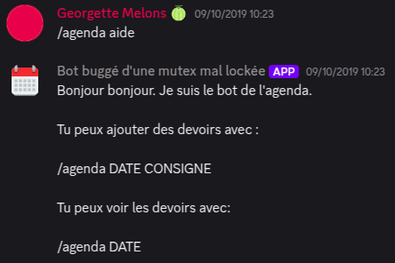 Capture d'écran de l'affichage d'aide du bot en mode agenda