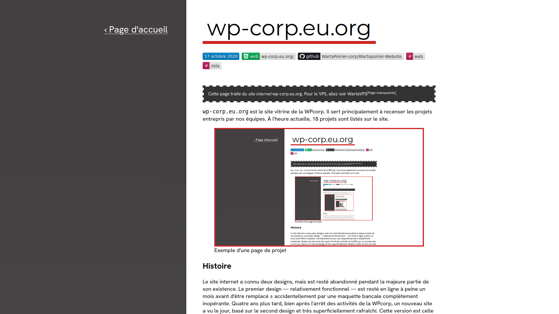 Capture d'écran de la page wp-corp.eu.org (cette page)